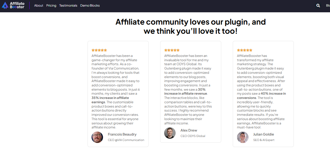 AffiliateBooster sharing testimonials from industry experts